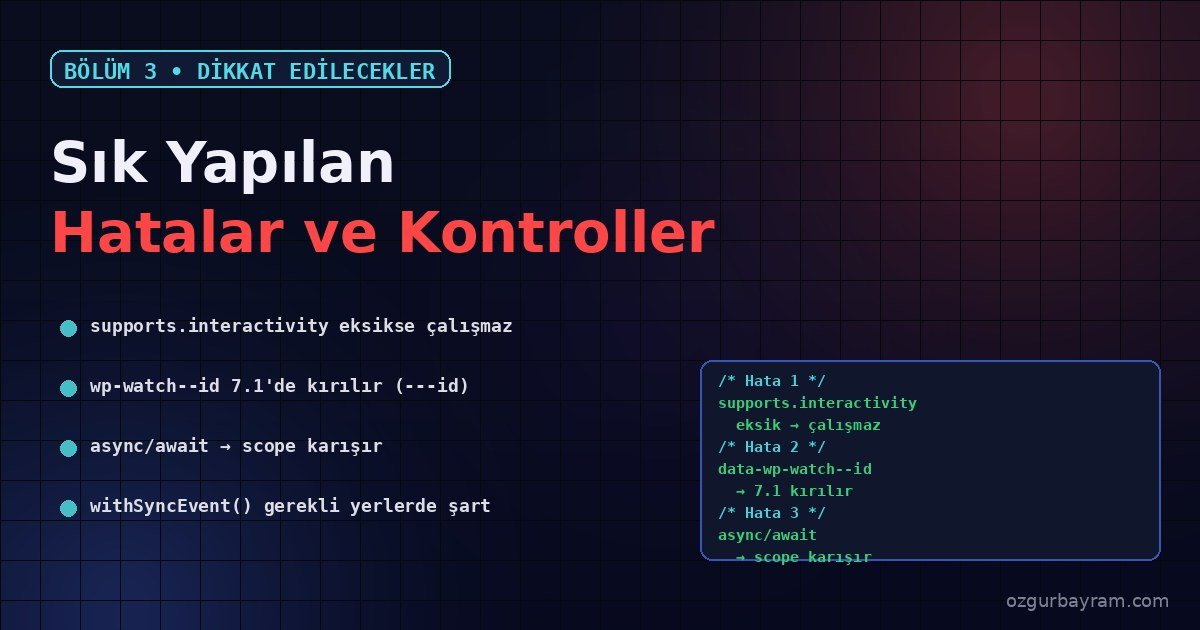 WordPress Interactivity API hata senaryoları: supports, namespace, two-hyphen, async/await sorunları